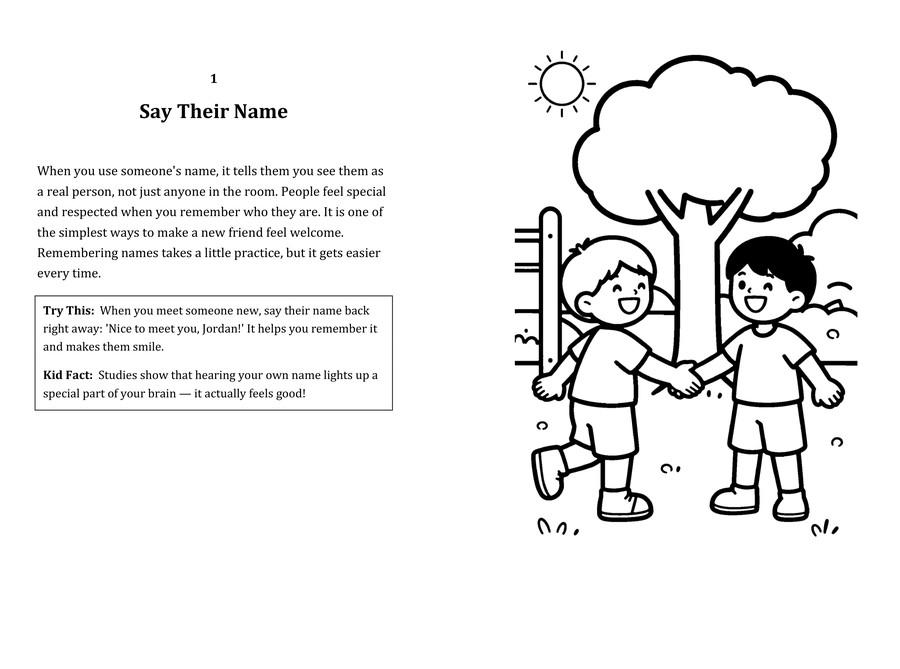 Look inside sample spread: Say Their Name fact page with matching coloring illustration