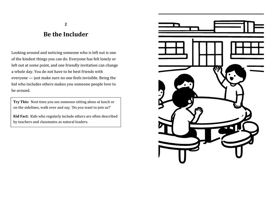 Look inside sample spread: Be the Includer fact page with matching coloring illustration