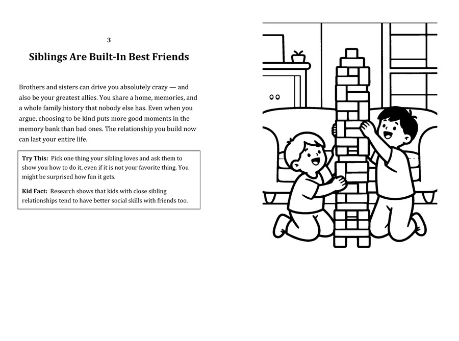 Look inside sample spread: Siblings Are Built-In Best Friends fact page with matching coloring illustration