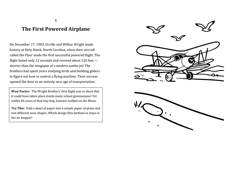 Look inside sample spread: The First Powered Airplane fact page with matching coloring illustration