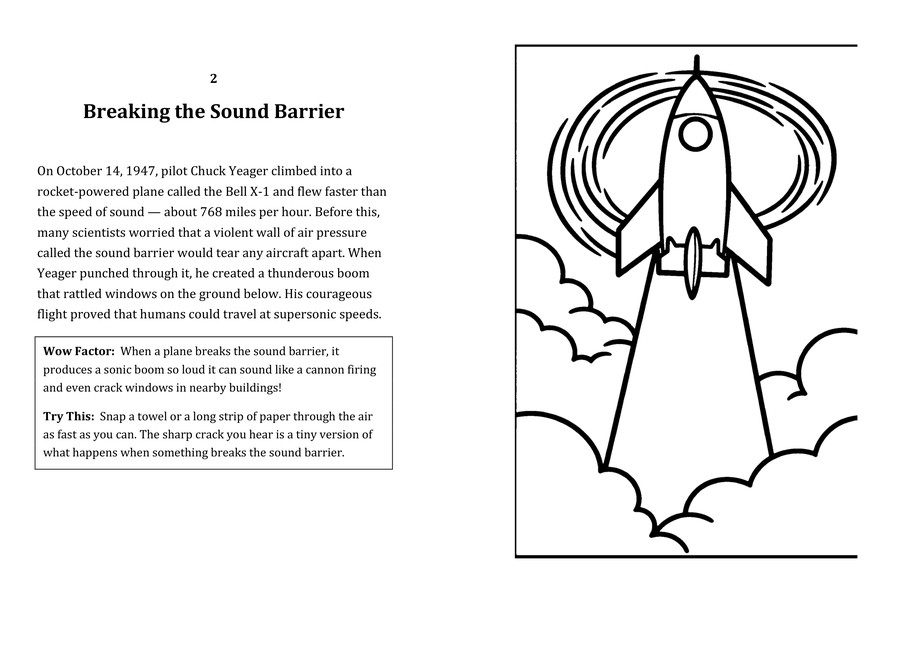 Look inside sample spread: Breaking the Sound Barrier fact page with matching coloring illustration