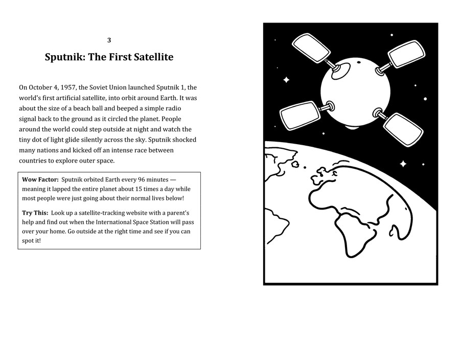 Look inside sample spread: Sputnik: The First Satellite fact page with matching coloring illustration