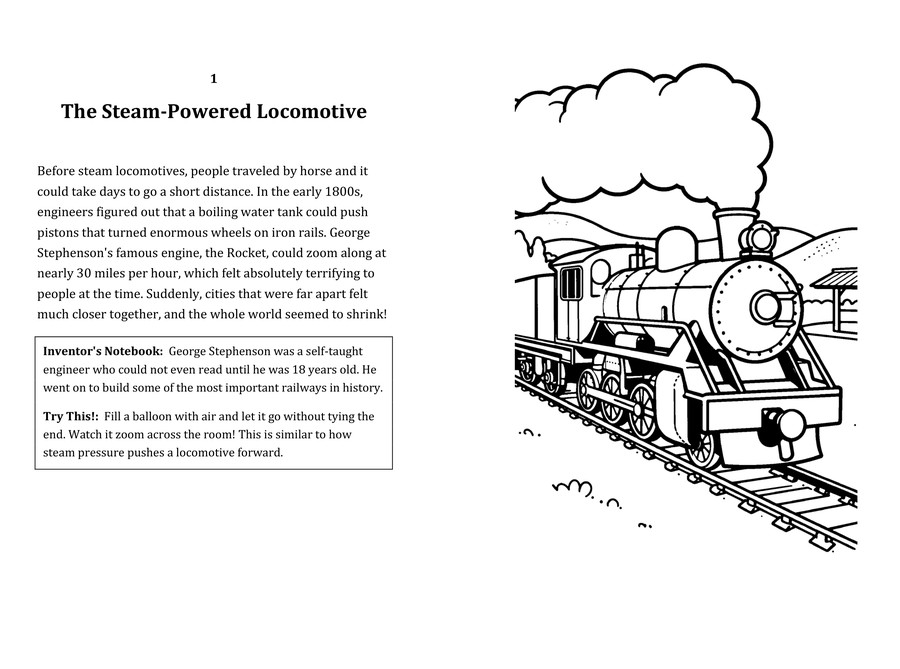 Look inside sample spread: The Steam-Powered Locomotive fact page with matching coloring illustration