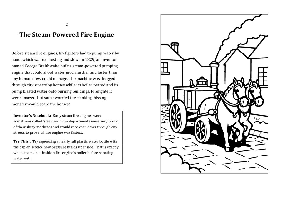 Look inside sample spread: The Steam-Powered Fire Engine fact page with matching coloring illustration