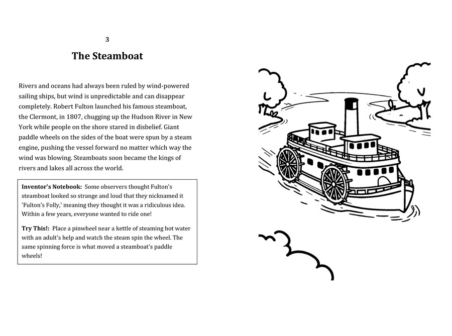 Look inside sample spread: The Steamboat fact page with matching coloring illustration