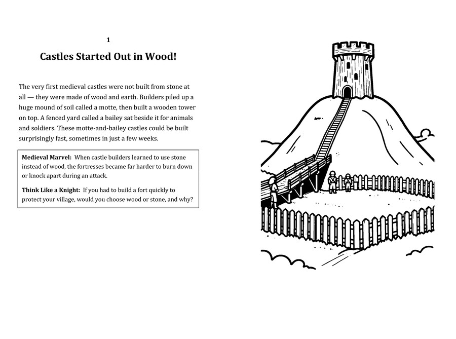 Look inside sample spread: Castles Started Out in Wood! fact page with matching coloring illustration