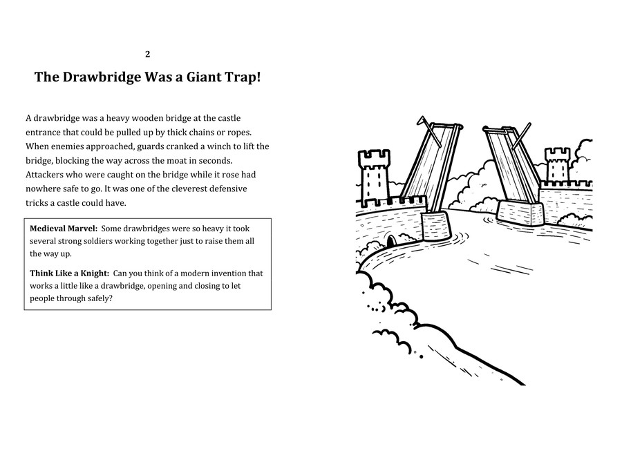 Look inside sample spread: The Drawbridge Was a Giant Trap! fact page with matching coloring illustration