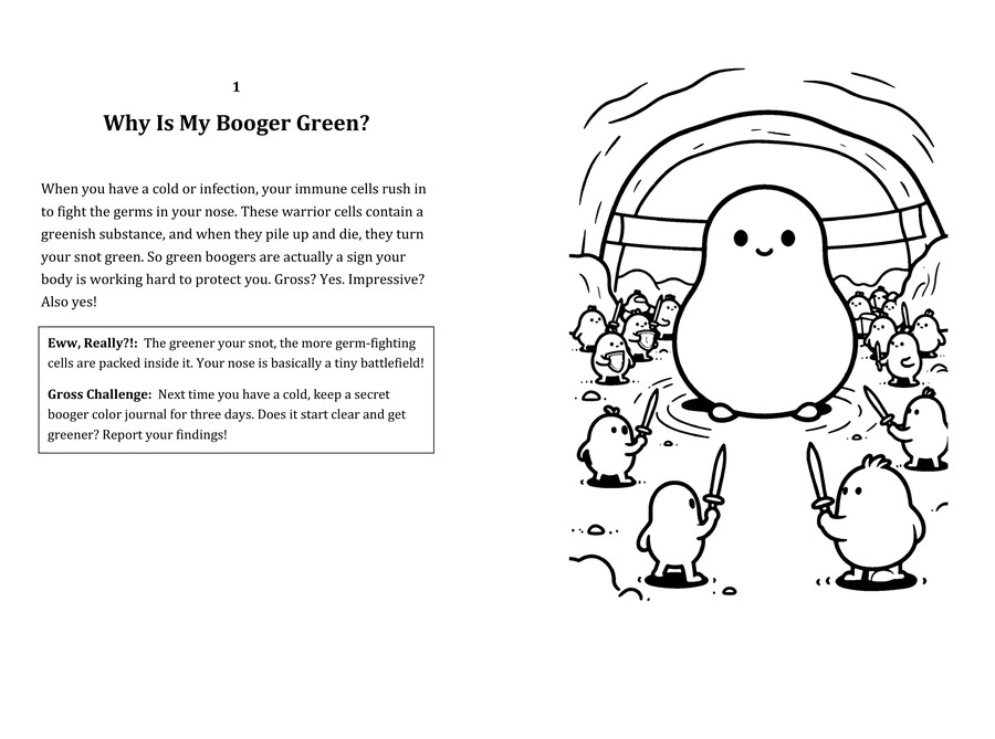 Look inside sample spread: Why Is My Booger Green? fact page with matching coloring illustration