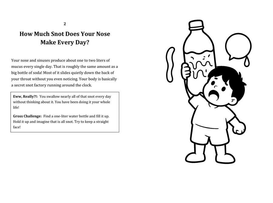 Look inside sample spread: How Much Snot Does Your Nose Make Every Day? fact page with matching coloring illustration