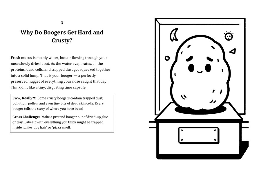 Look inside sample spread: Why Do Boogers Get Hard and Crusty? fact page with matching coloring illustration