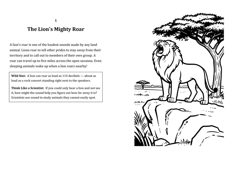 Look inside sample spread: The Lion's Mighty Roar fact page with matching coloring illustration