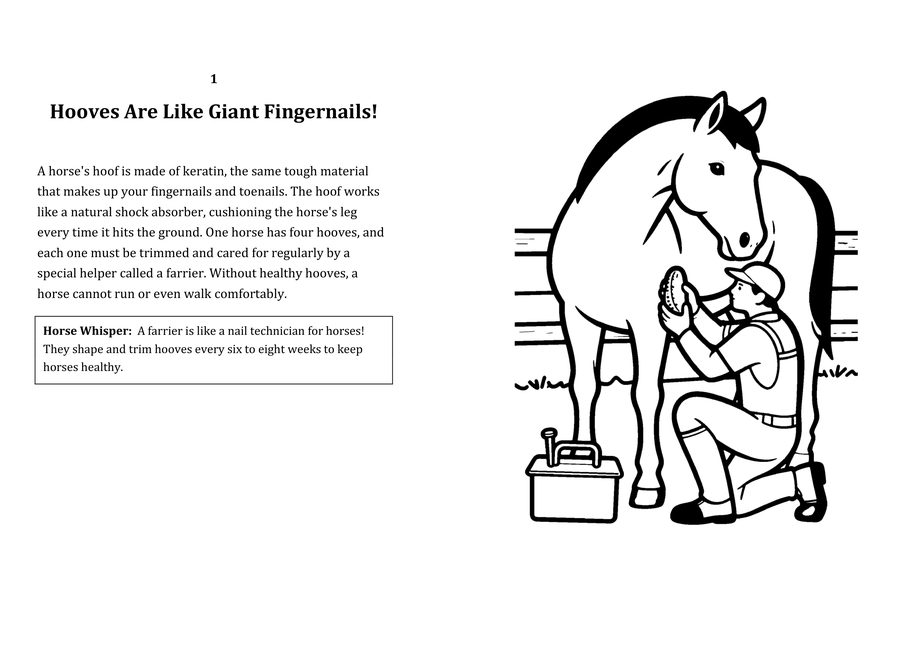 Look inside sample spread: Hooves Are Like Giant Fingernails! fact page with matching coloring illustration