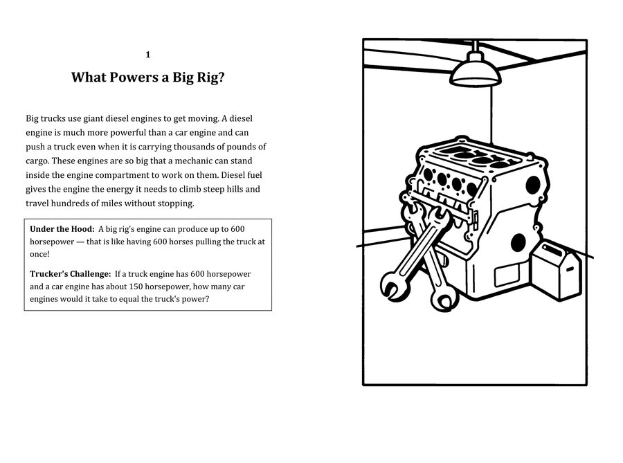 Look inside sample spread: What Powers a Big Rig? fact page with matching coloring illustration