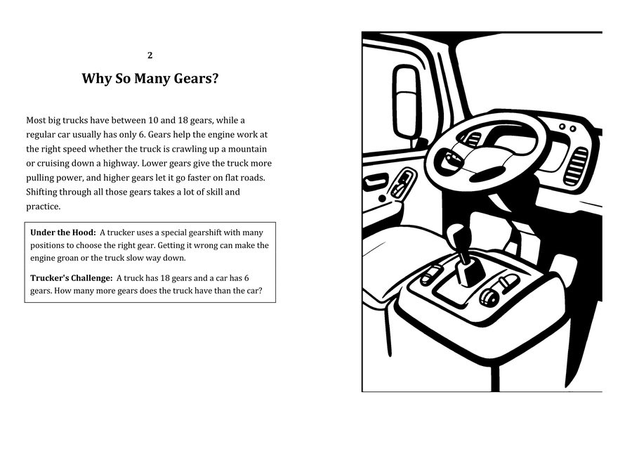 Look inside sample spread: Why So Many Gears? fact page with matching coloring illustration
