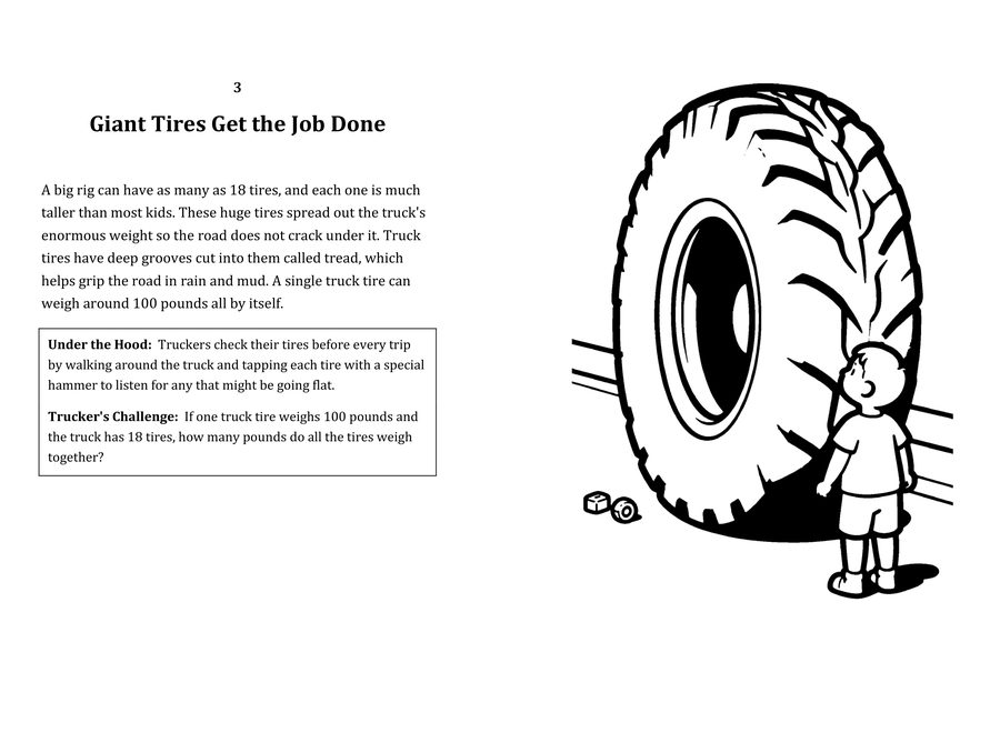 Look inside sample spread: Giant Tires Get the Job Done fact page with matching coloring illustration