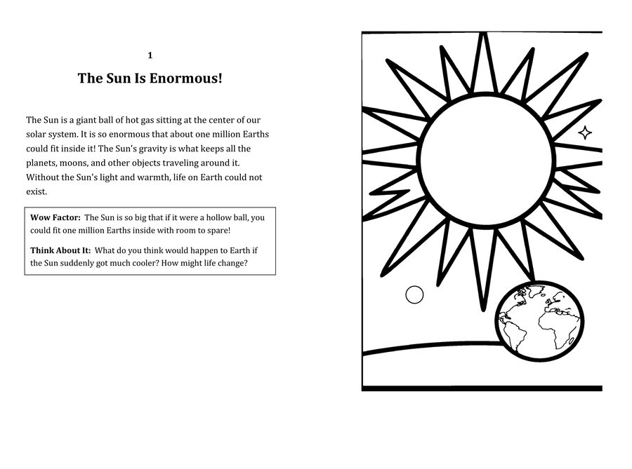 Look inside sample spread: The Sun Is Enormous! fact page with matching coloring illustration