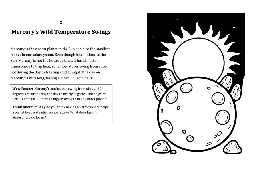 Look inside sample spread: Mercury's Wild Temperature Swings fact page with matching coloring illustration