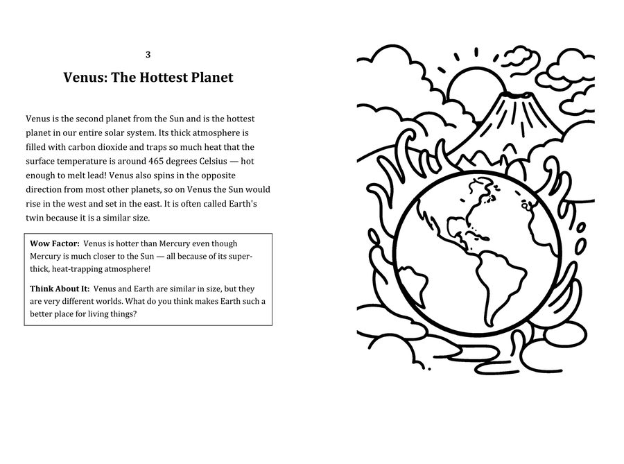 Look inside sample spread: Venus: The Hottest Planet fact page with matching coloring illustration
