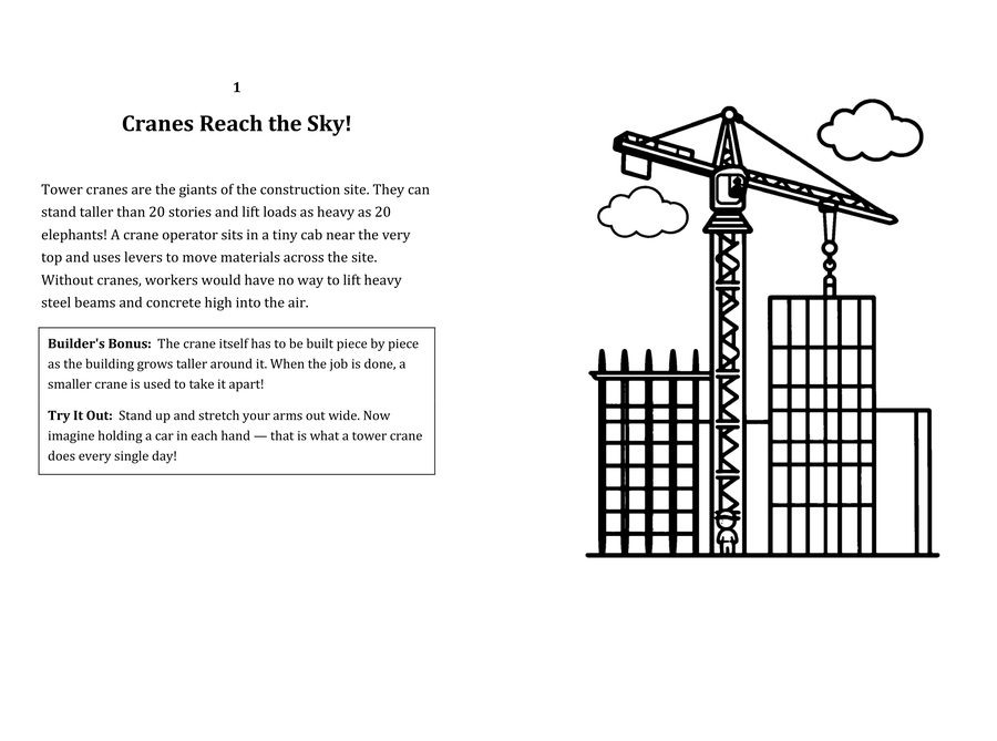 Look inside sample spread: Cranes Reach the Sky! fact page with matching coloring illustration
