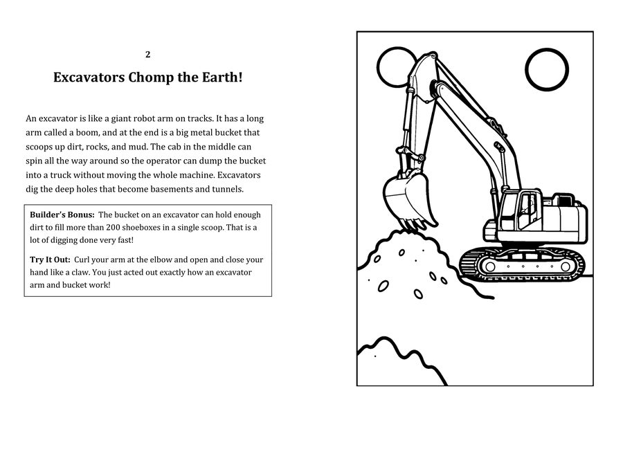Look inside sample spread: Excavators Chomp the Earth! fact page with matching coloring illustration