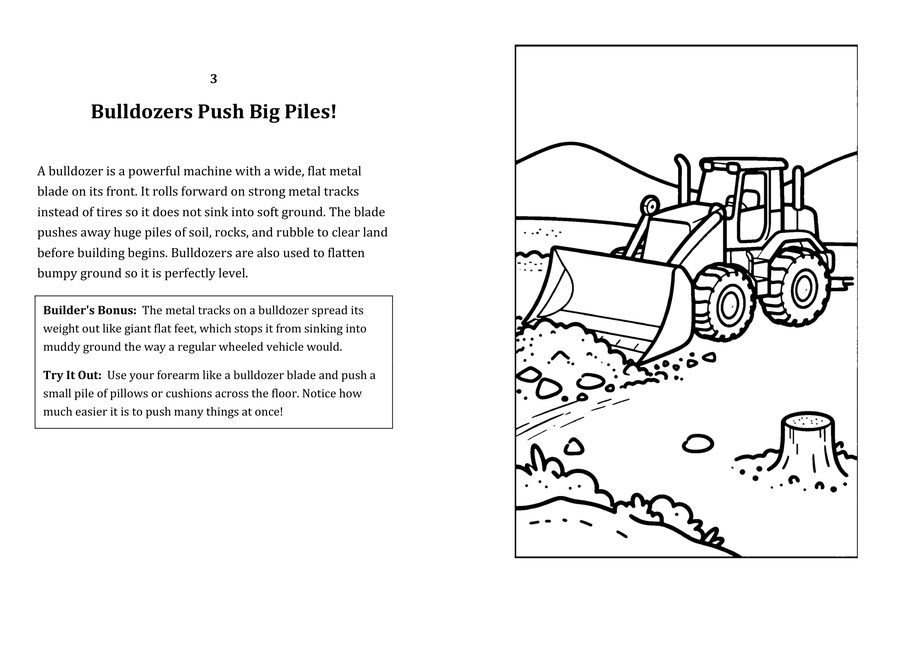 Look inside sample spread: Bulldozers Push Big Piles! fact page with matching coloring illustration