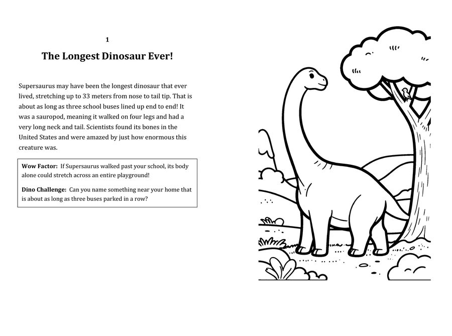 Look inside sample spread: The Longest Dinosaur Ever! fact page with matching coloring illustration