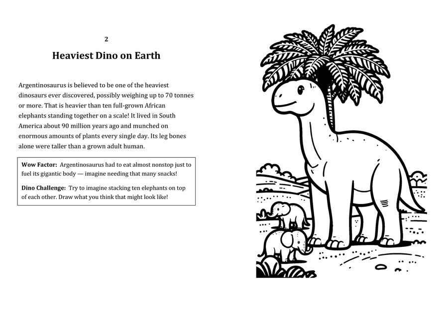 Look inside sample spread: Heaviest Dino on Earth fact page with matching coloring illustration