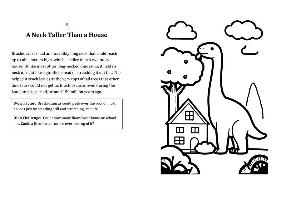 Look inside sample spread: A Neck Taller Than a House fact page with matching coloring illustration