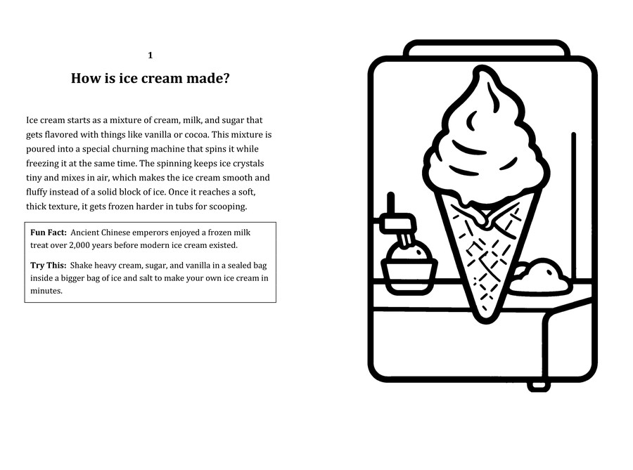 Look inside sample spread: How is ice cream made? fact page with matching coloring illustration