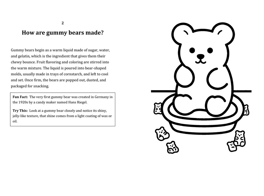 Look inside sample spread: How are gummy bears made? fact page with matching coloring illustration