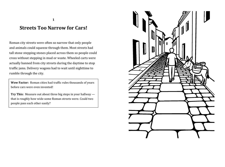 Look inside sample spread: Streets Too Narrow for Cars! fact page with matching coloring illustration