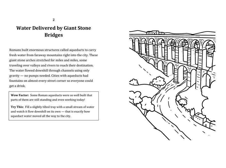 Look inside sample spread: Water Delivered by Giant Stone Bridges fact page with matching coloring illustration