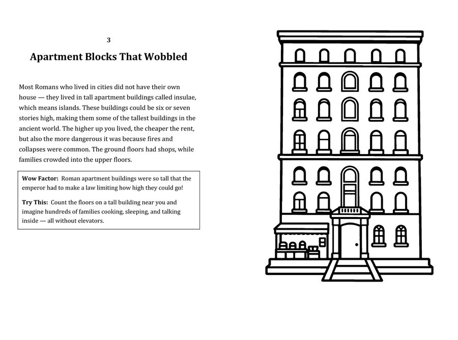 Look inside sample spread: Apartment Blocks That Wobbled fact page with matching coloring illustration