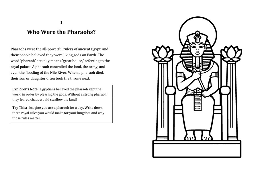 Look inside sample spread: Who Were the Pharaohs? fact page with matching coloring illustration