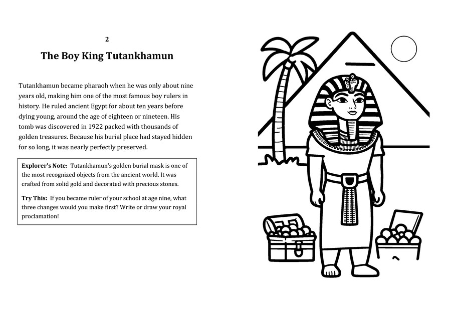 Look inside sample spread: The Boy King Tutankhamun fact page with matching coloring illustration