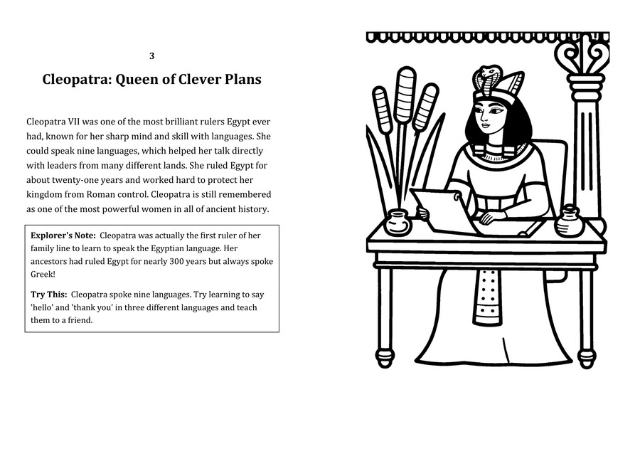 Look inside sample spread: Cleopatra: Queen of Clever Plans fact page with matching coloring illustration